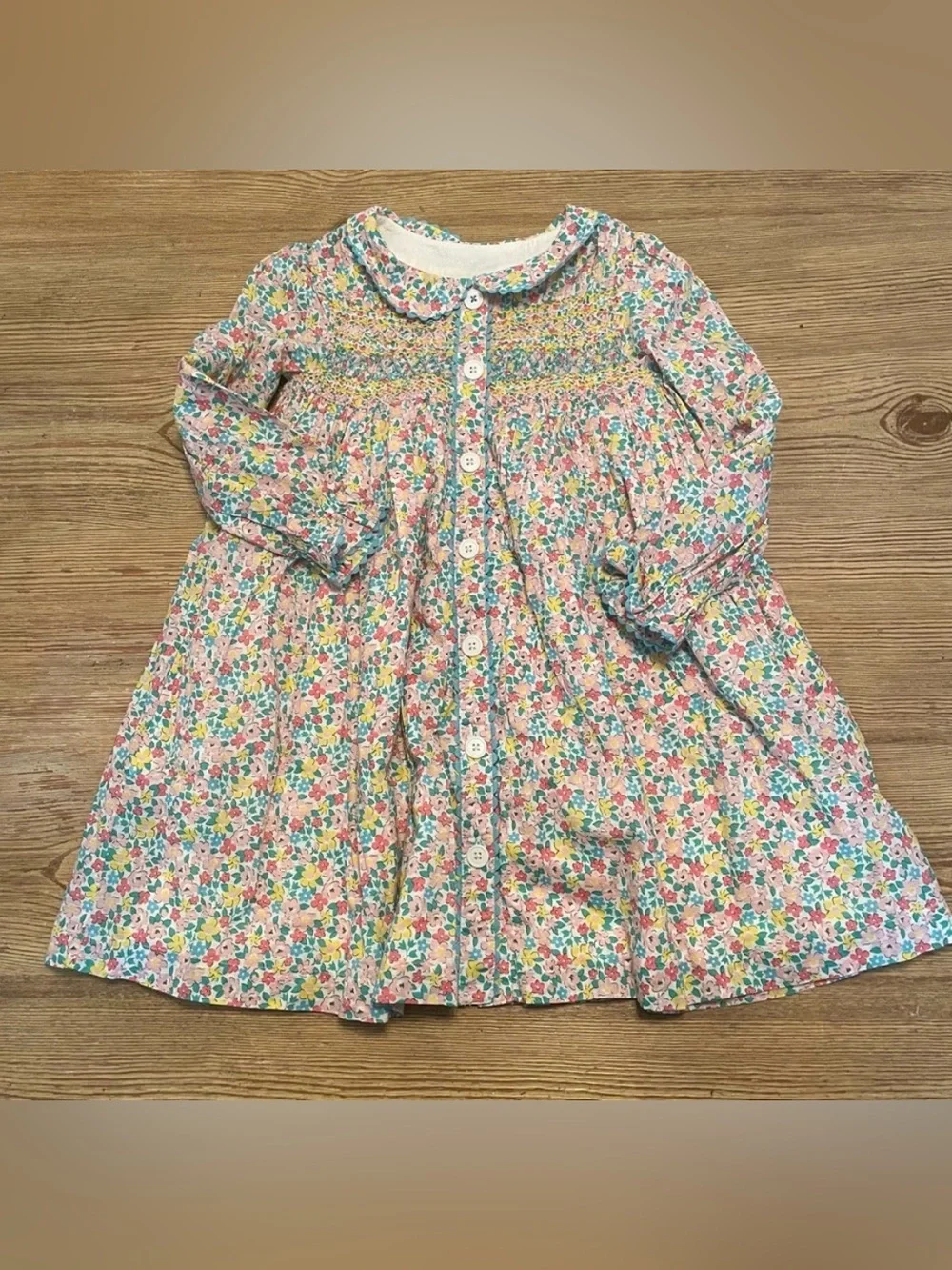 Mini Boden Pink Multicolor Floral Button-Front Smocked Dress